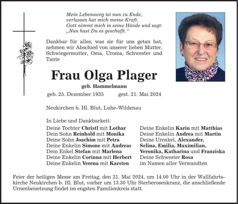 Traueranzeige Olga Plager