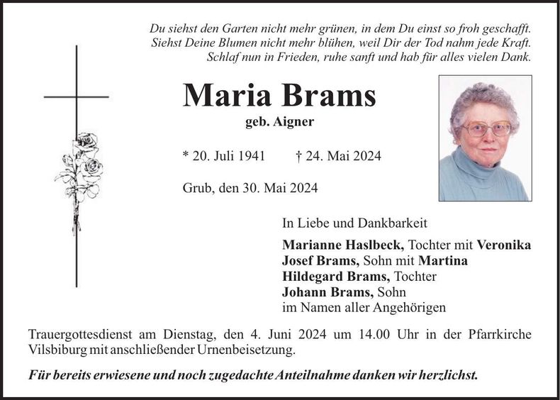 Traueranzeige Maria Brams