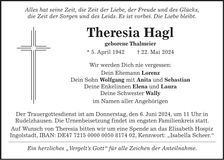 Traueranzeige Theresia Hagl