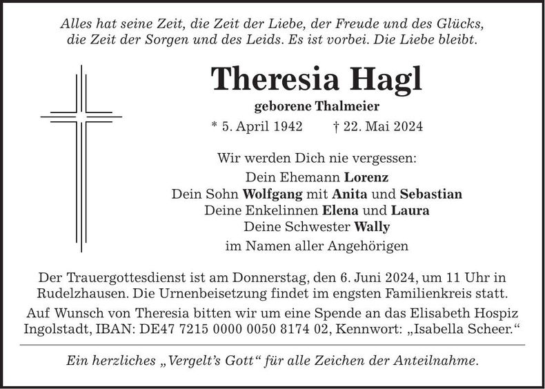 Traueranzeige Theresia Hagl