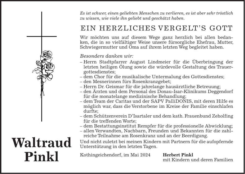 Traueranzeige Waltraud Pinkl