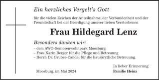 Traueranzeige Hildegard Lenz