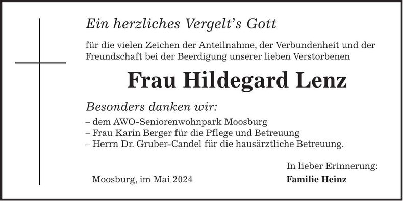 Traueranzeige Hildegard Lenz