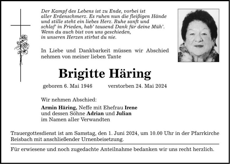 Traueranzeige Brigitte Häring