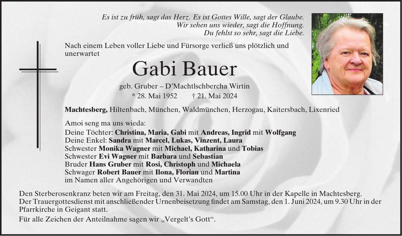 Traueranzeige Gabi Bauer