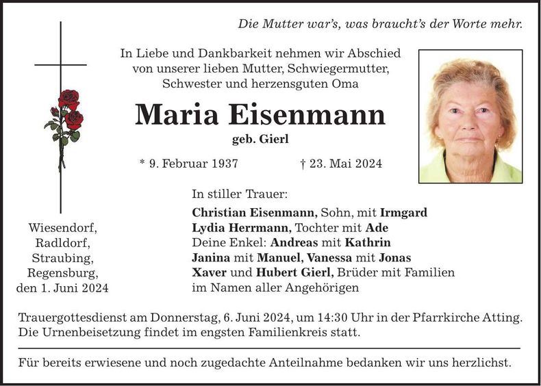 Traueranzeige Maria Eisenmann