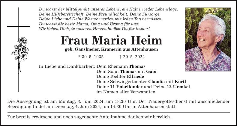 Traueranzeige Maria Heim