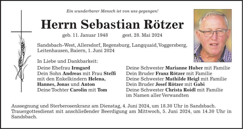 Traueranzeige Sebastian Rötzer