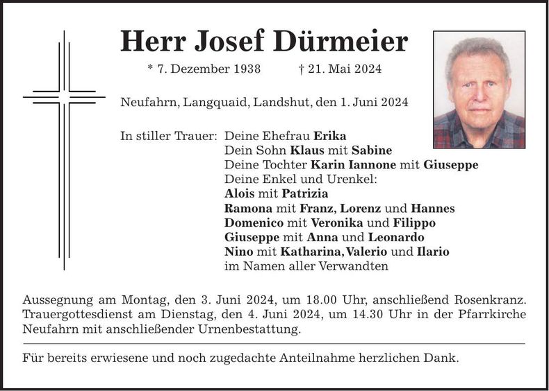 Traueranzeige Josef Dürmeier