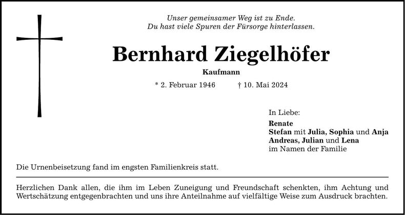Traueranzeige Bernhard Ziegelhöfer