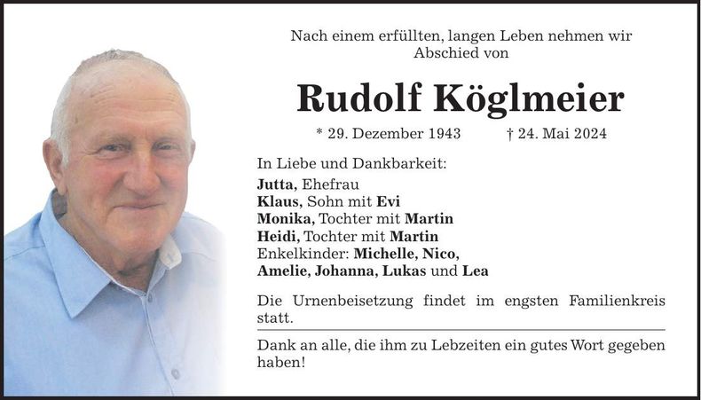 Traueranzeige Rudolf Köglmeier