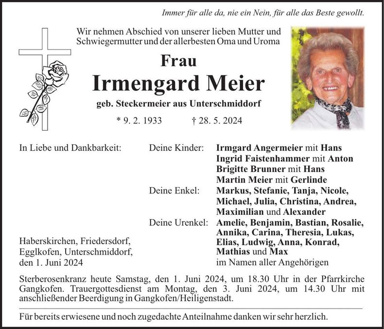 Traueranzeige Irmengard Meier