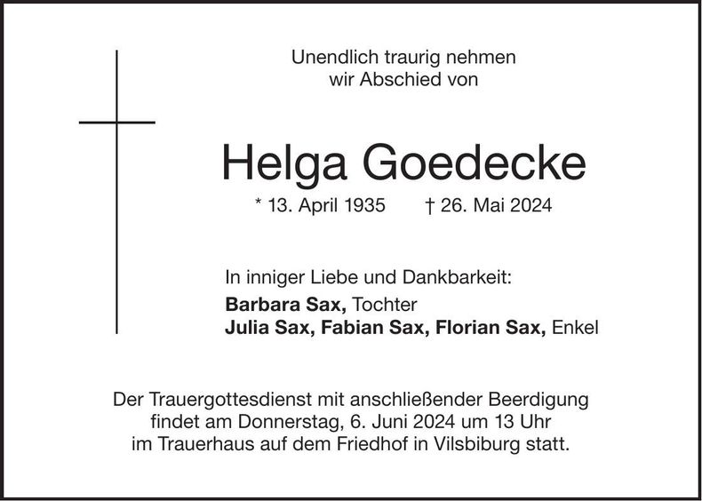 Traueranzeige Helga Goedecke