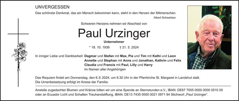 Traueranzeige Paul Urzinger