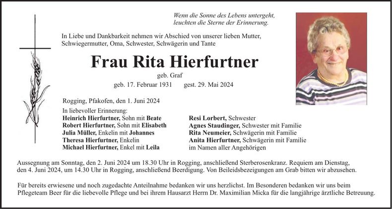 Traueranzeige Rita Hierfurtner