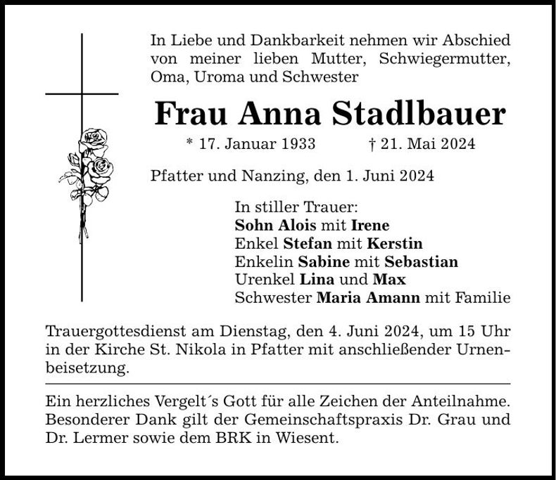 Traueranzeige Anna Stadlbauer