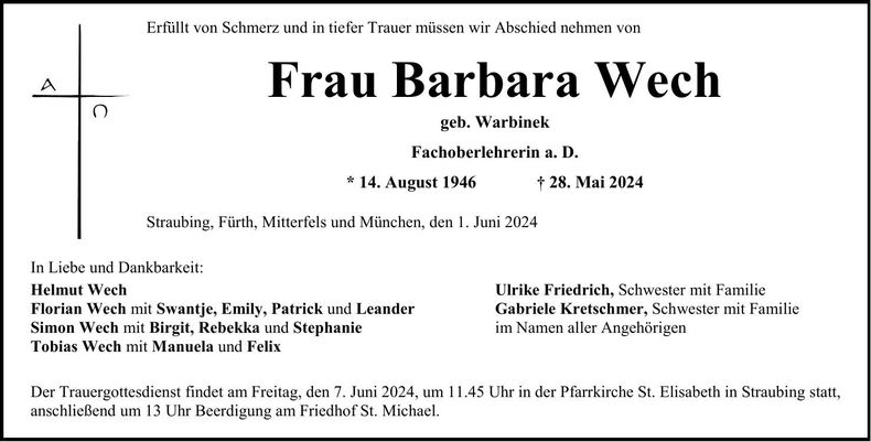 Traueranzeige Barbara Wech
