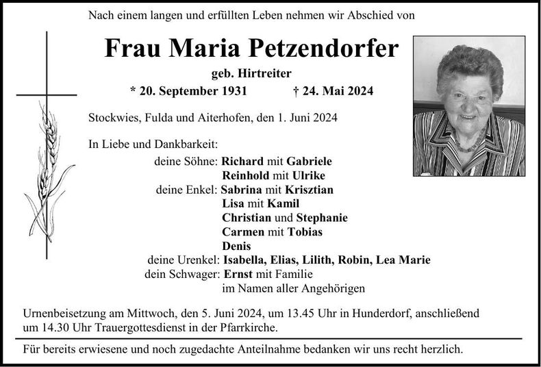 Traueranzeige Maria Petzendorfer