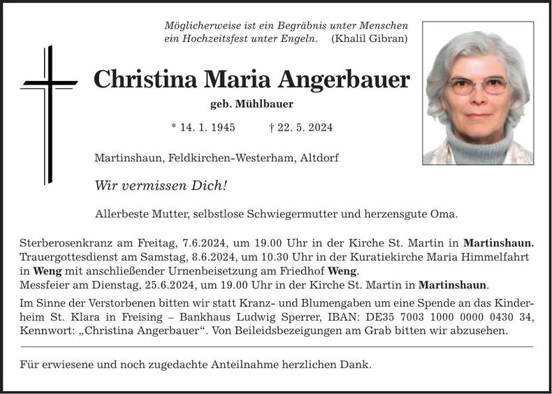 Traueranzeige Christina Maria Angerbauer