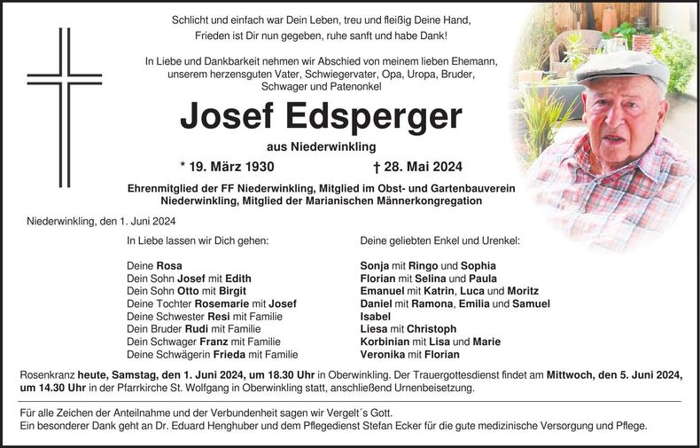 Traueranzeige Josef Edsperger
