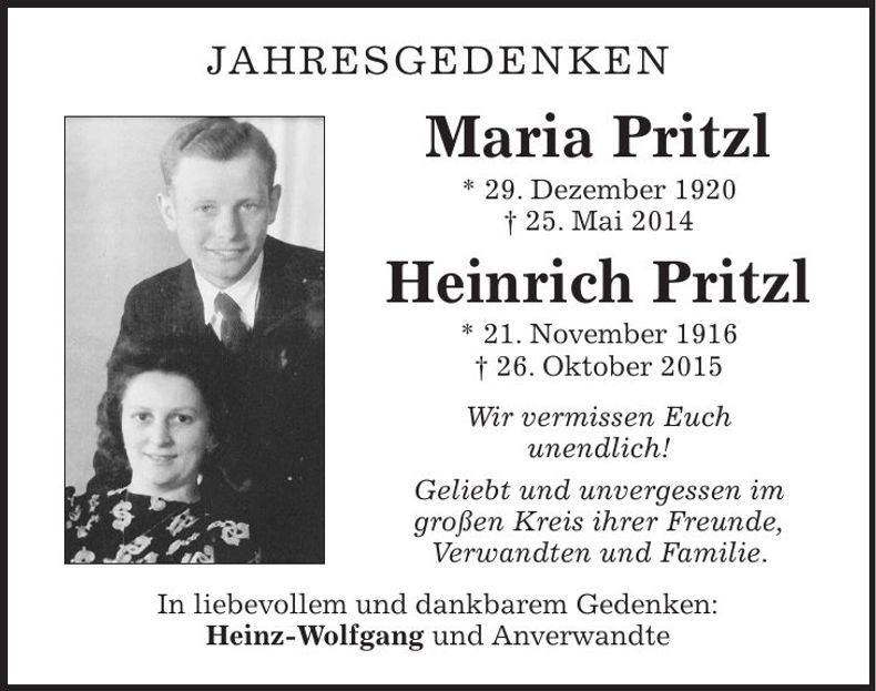 Traueranzeige Maria und Heinrich Pritzl