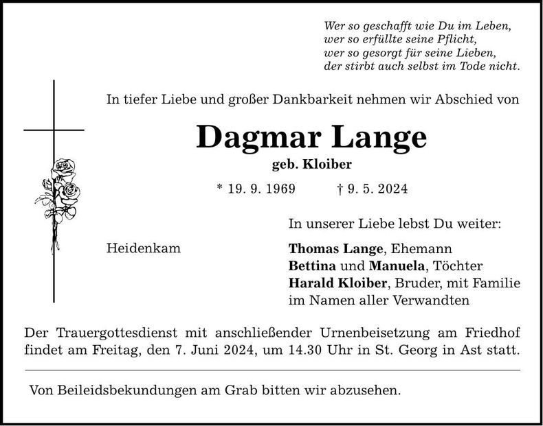 Traueranzeige Dagmar Lange