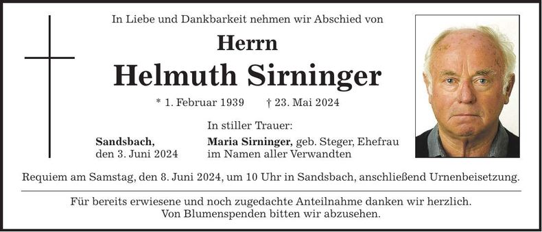 Traueranzeige Helmuth Sirninger