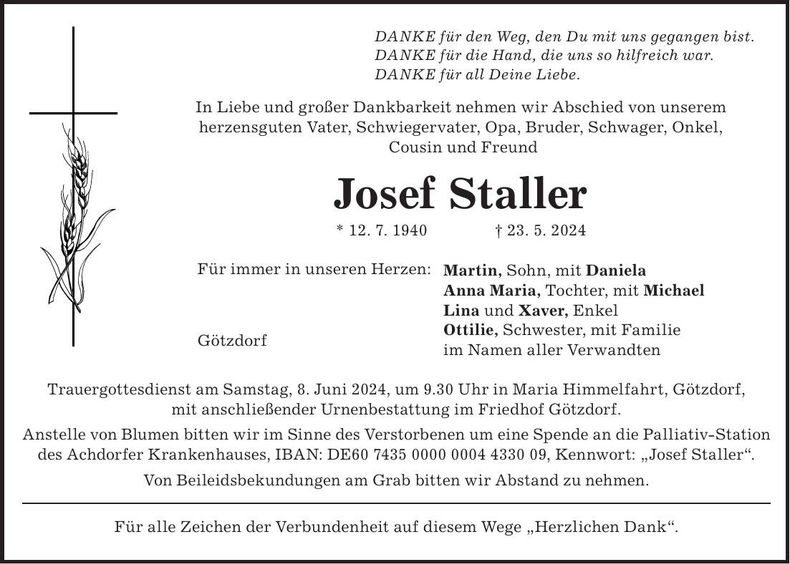 Traueranzeige Josef Staller