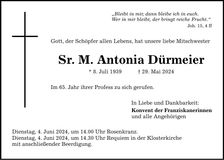 Traueranzeige Sr. M. Antonia Dürmeier
