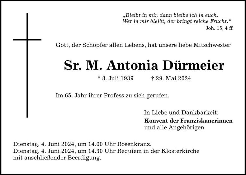 Traueranzeige Sr. M. Antonia Dürmeier