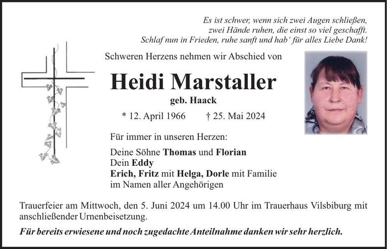 Traueranzeige Heidi Marstaller