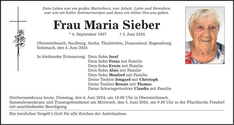Traueranzeige Maria Sieber