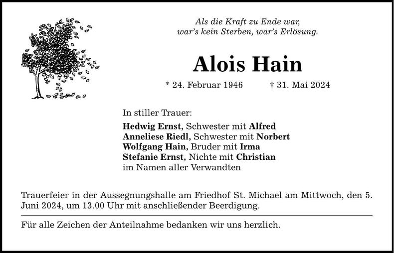 Traueranzeige Alois Hain