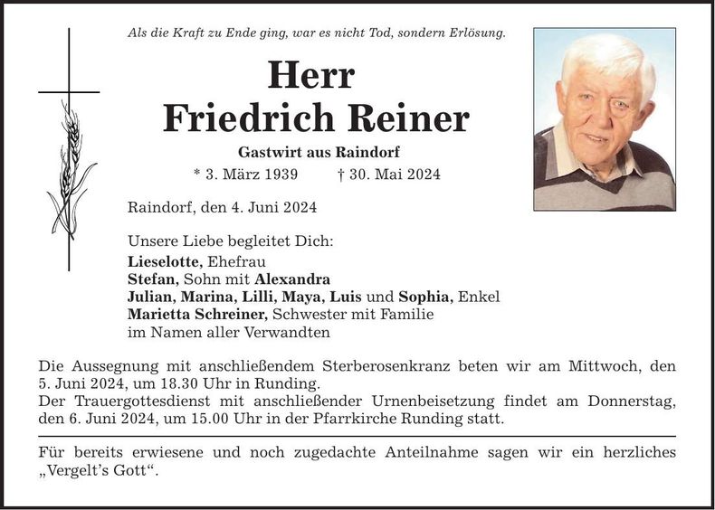 Traueranzeige Friedrich Reiner