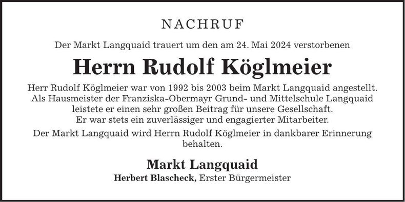Traueranzeige Rudolf Köglmeier