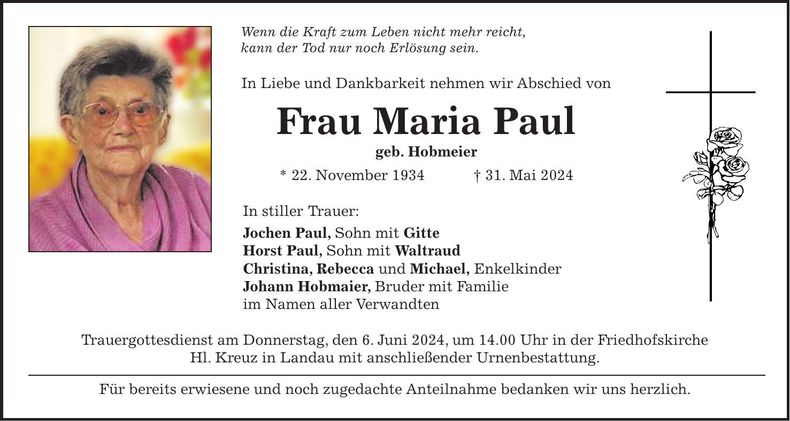 Traueranzeige Maria Paul
