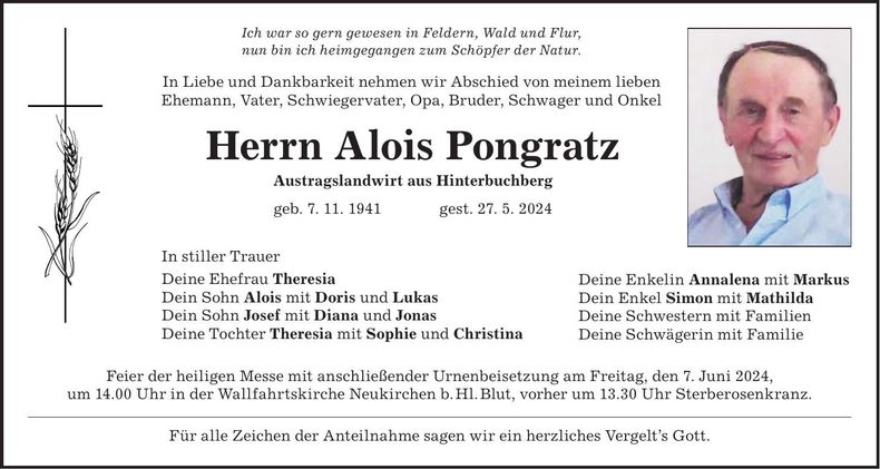 Traueranzeige Alois Pongratz