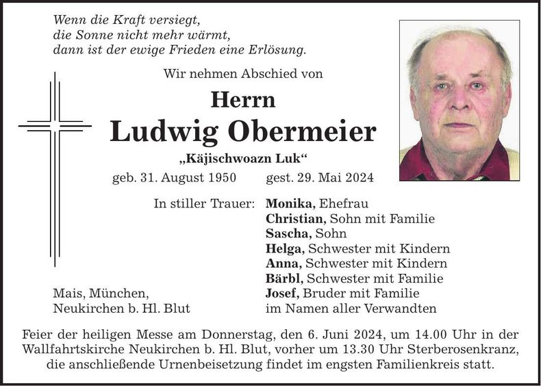 Traueranzeige Ludwig Obermeier