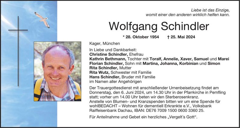 Traueranzeige Wolfgang Schindler