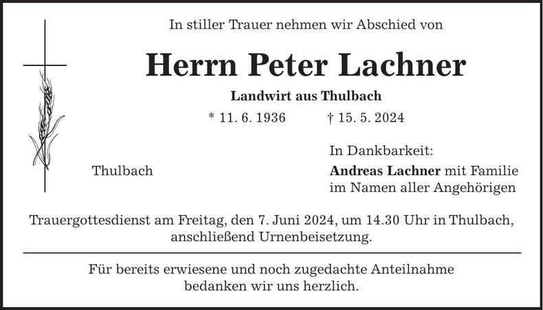 Traueranzeige Peter Lachner