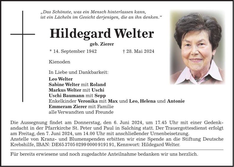 Traueranzeige Hildegard Welter