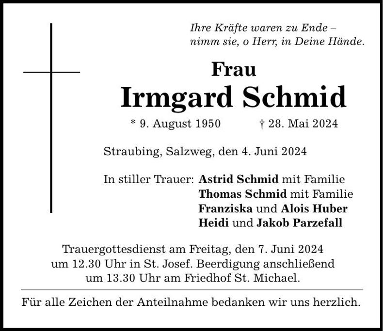 Traueranzeige Irmgard Schmid