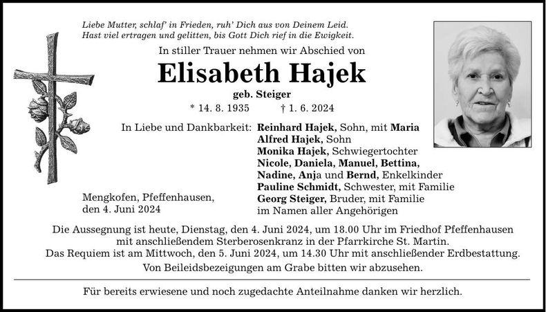 Traueranzeige Elisabeth Hajek