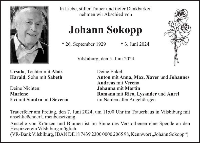 Traueranzeige Johann Sokopp