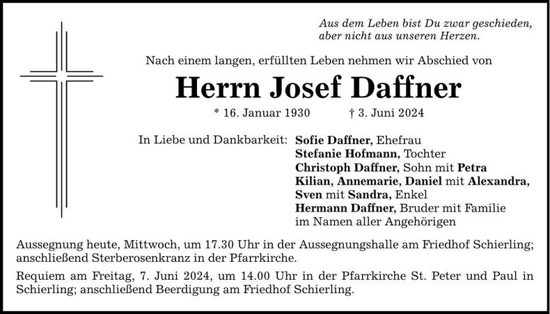 Traueranzeige Josef Daffner