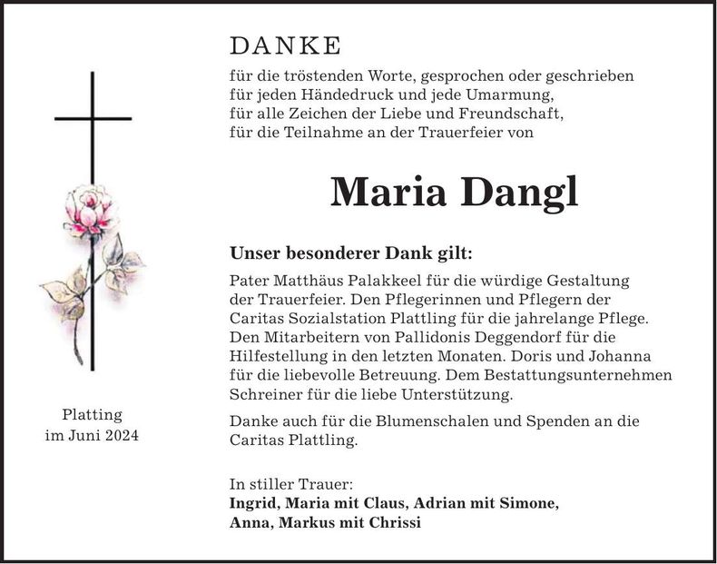 Traueranzeige Dangl Maria