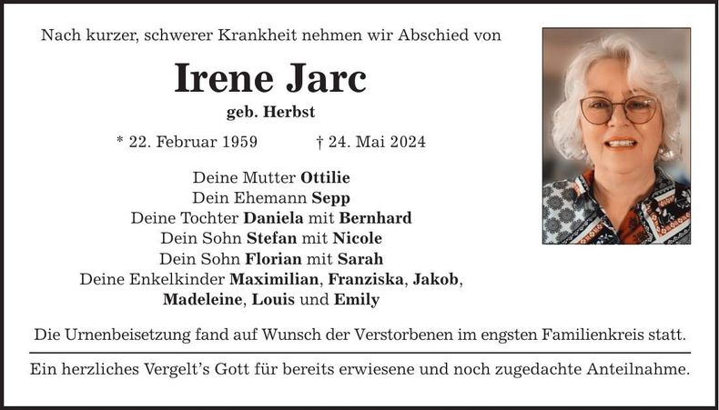 Traueranzeige Irene Jarc