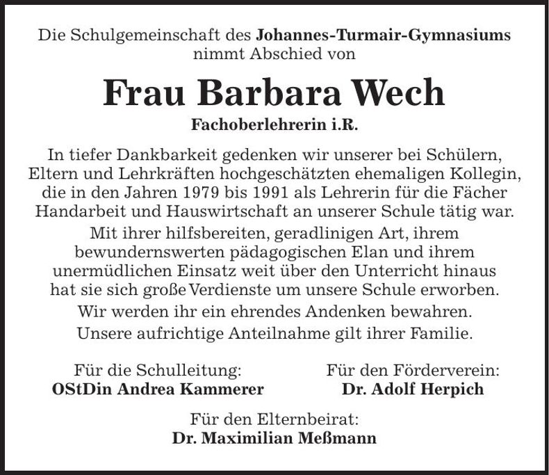 Traueranzeige Barbara Wech