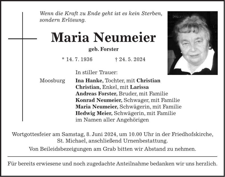 Traueranzeige Maria Neumeier