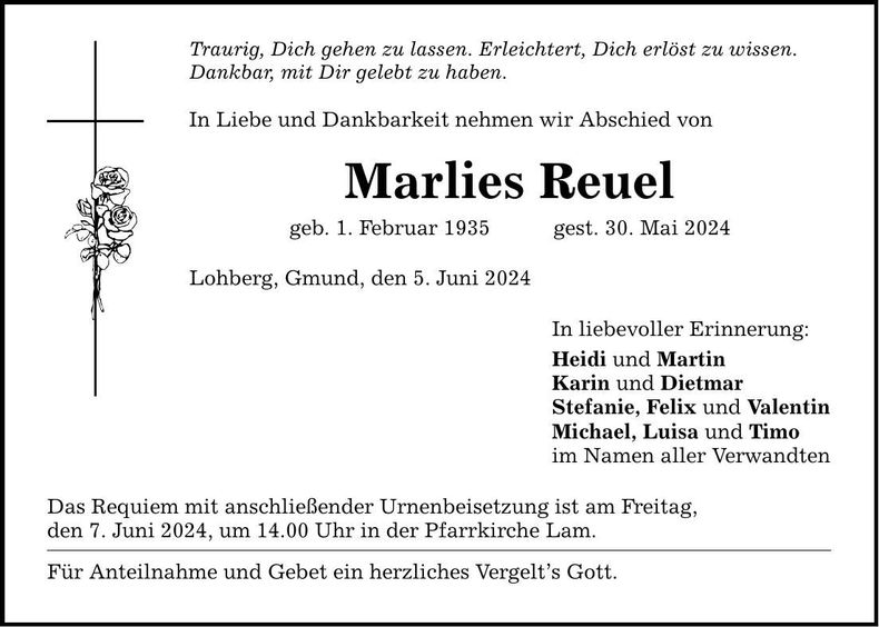 Traueranzeige Marlies Reuel